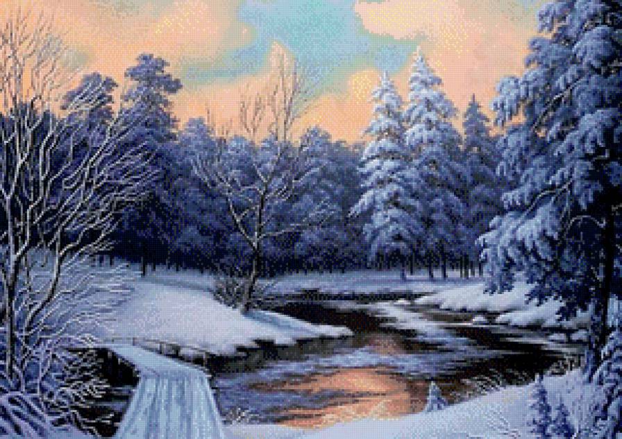 Рассвет - облака, зима, рассвет, снег, мост, пейзаж, елки, река - предпросмотр