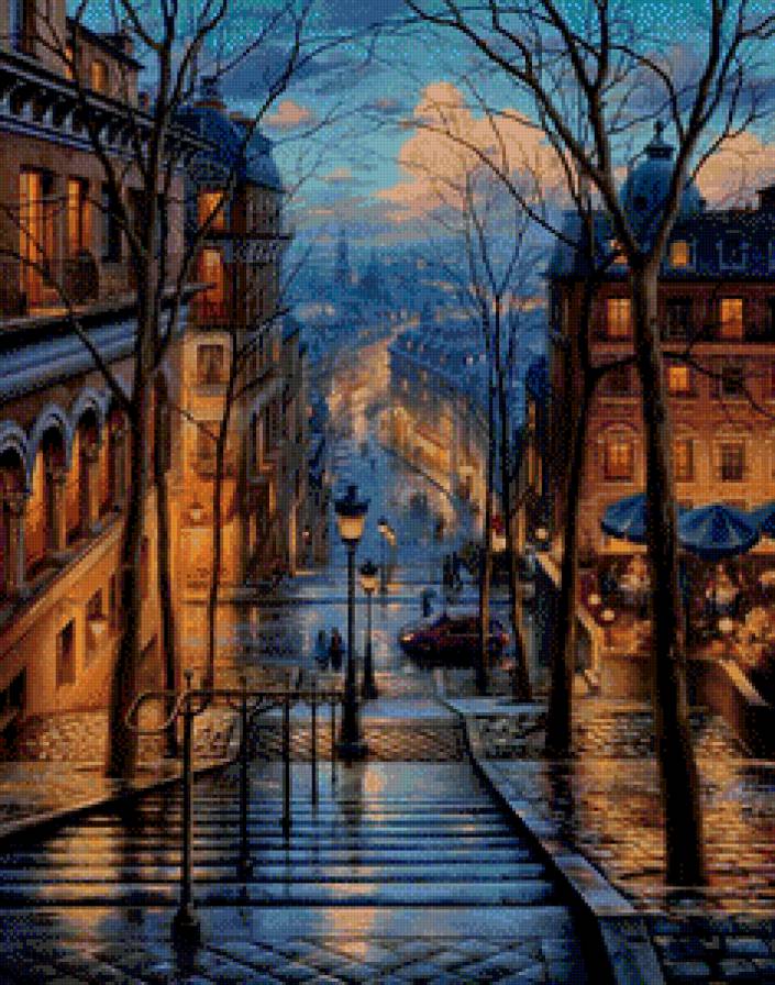 вечер - город, дом, улица, машина, лестница, картина, живопись, фонарь - предпросмотр