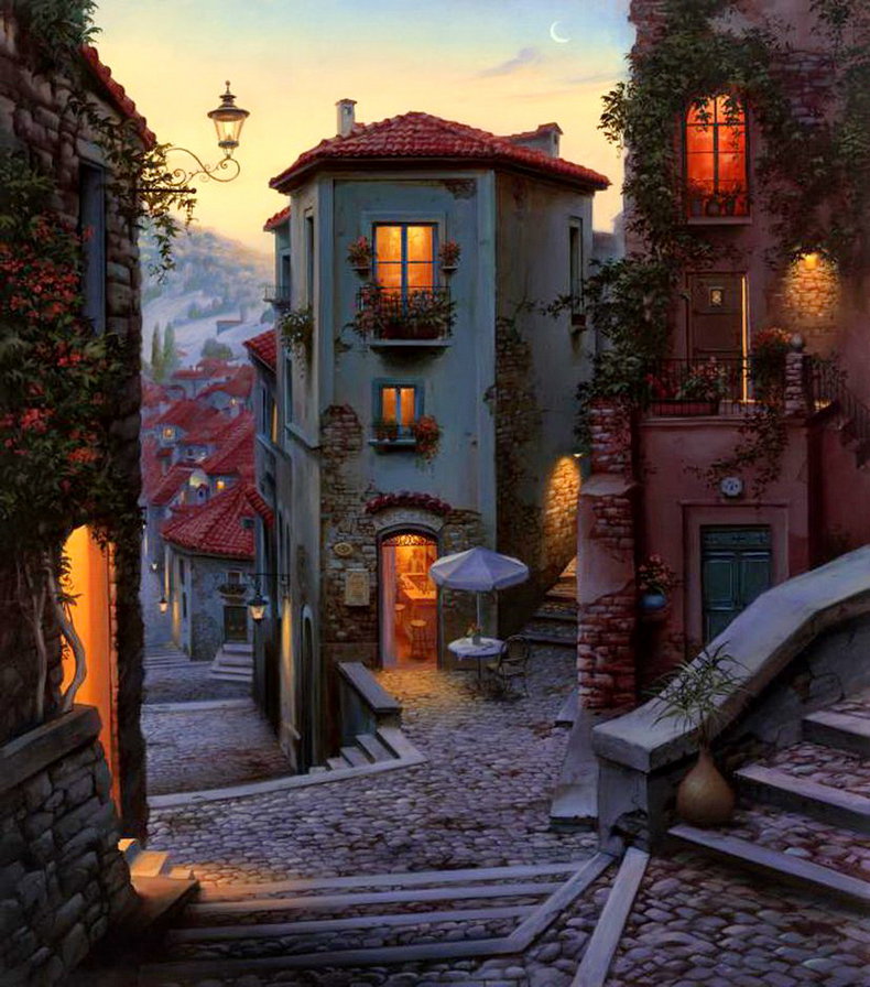 вечер - живопись, фонарь, картина, улица, лестница, дом, город - оригинал