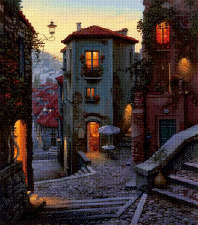 вечер - картина, лестница, фонарь, живопись, дом, улица, город - предпросмотр