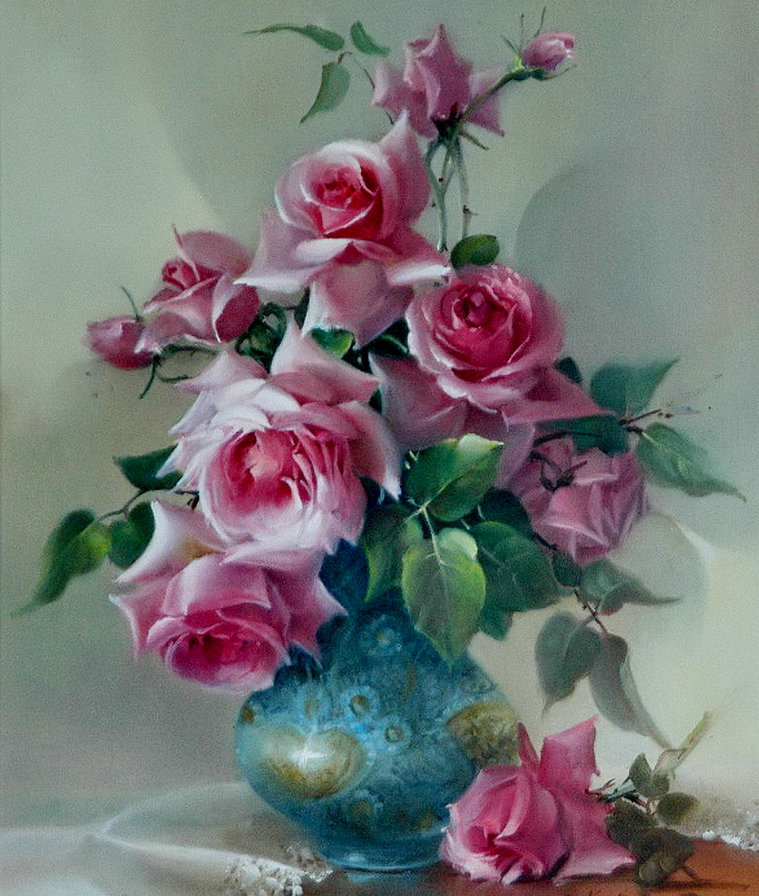 букет - ваза, живопись, розы, цветы, роза - оригинал