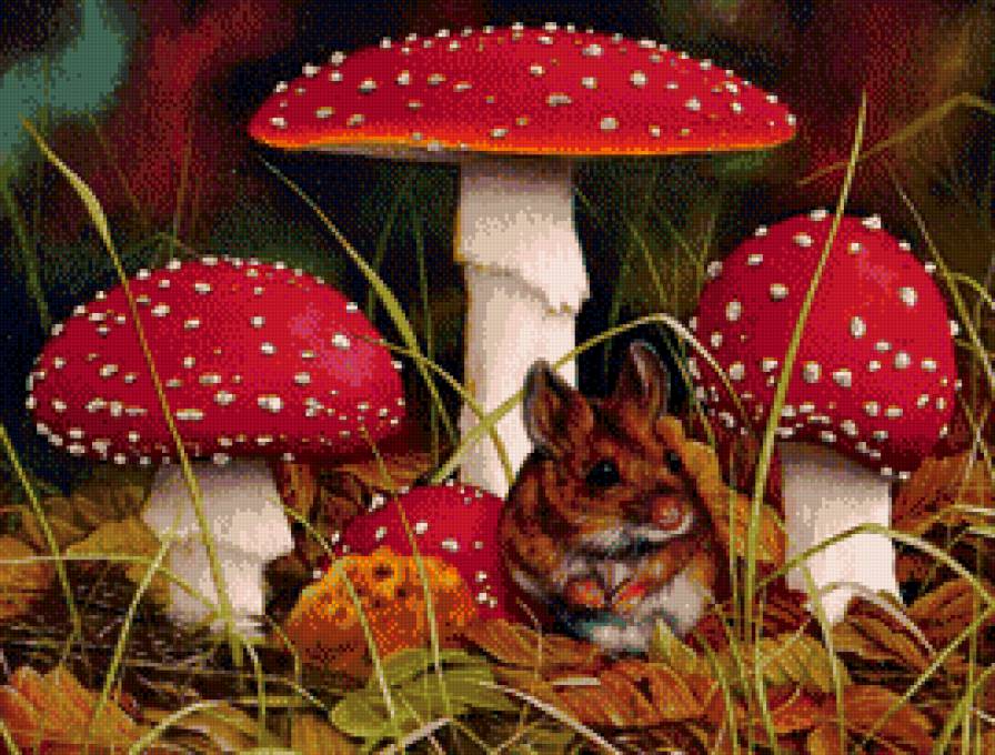 под грибком - листья, осень, животное, мышка, мухомор, природа - предпросмотр