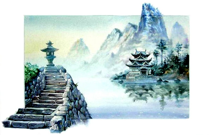 восток - картина, живопись, пагода, природа, лестница - оригинал