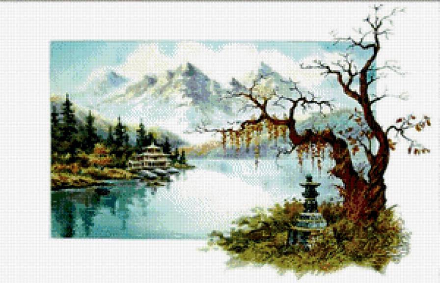 восток - картина, лес, живопись, природа, дерево, пагода - предпросмотр