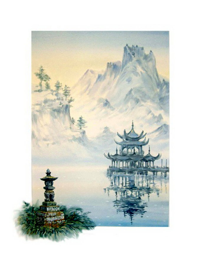 восток - горы, пагода, природа, картина, живопись - оригинал