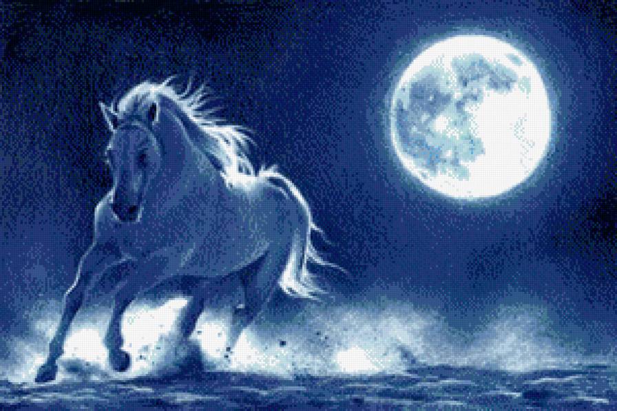 ночь - картина, животное, живопись, лошадь, луна, конь - предпросмотр