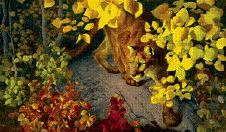 пума - хищник, живопись, листья, осень, природа - предпросмотр