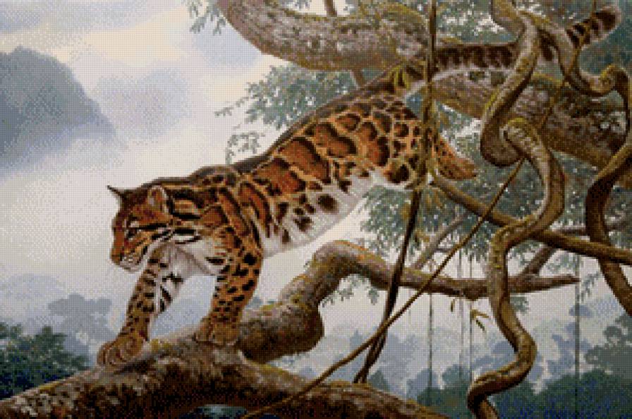 в диких лесах... - живопись, дерево, оцелот, хищник, лиана, природа - предпросмотр