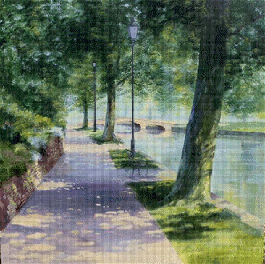 парк - река, мост, лето, фонарь - предпросмотр