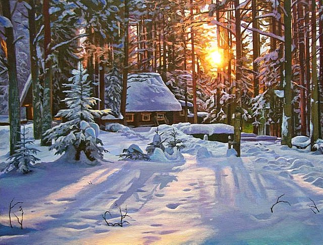 Февраль - домик, пейзаж, солнце, снег, зима, деревья - оригинал