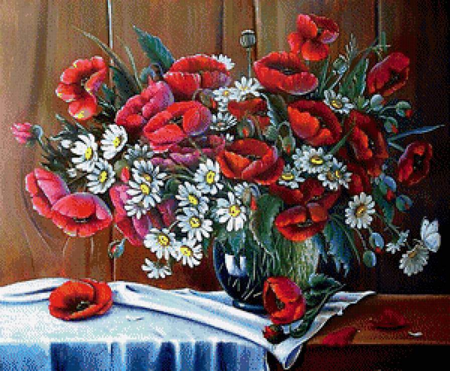 Полевые цветы - маки, ромашки, цветы, букет - предпросмотр