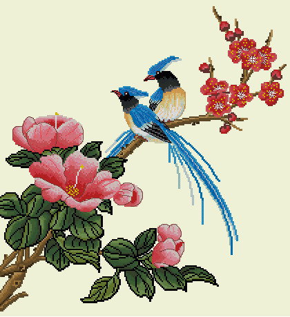 птицы на ветке - ветка, цветы, птицы - оригинал