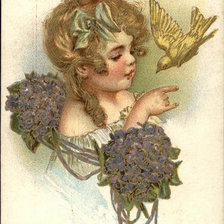 Little Girl With Blue Flowers and Golden Bird