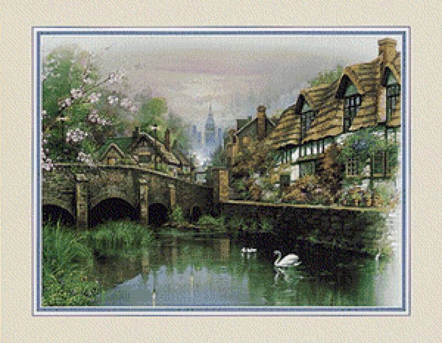 Серия "Пейзажи" - пейзаж, птицы, река, домик, лебеди, мостик - предпросмотр