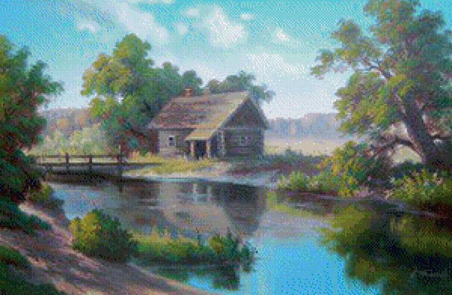 Хижина в лесу - озеро, лето, лес, пейзаж - предпросмотр