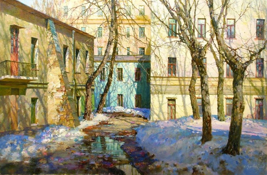 дворик - двор, картина, улица, весна - оригинал