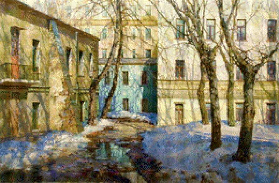 дворик - весна, картина, двор, улица - предпросмотр