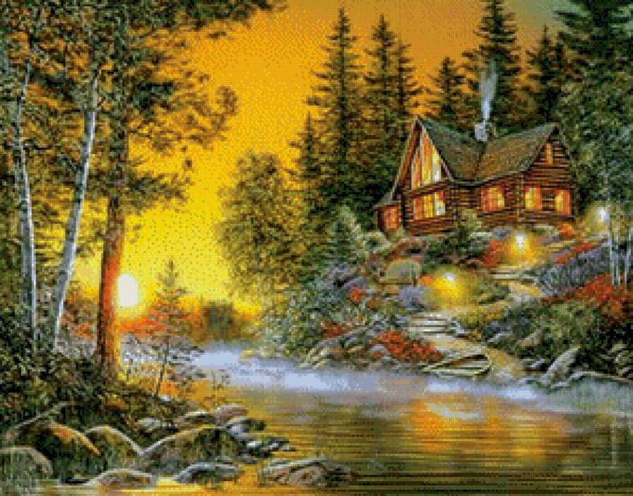 закат - деревья, вода, дом, лето, природа - предпросмотр