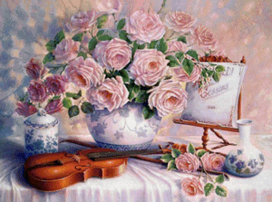 музыкальный натюрморт - музыка, скрипка, розы, розовые цветы, роза, букет - предпросмотр