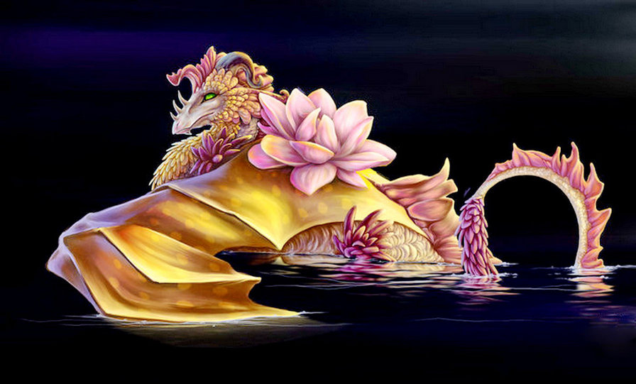 сказочное существо - вода, дракон, фэнтези, ночь, живопись, лотос, цветы - оригинал