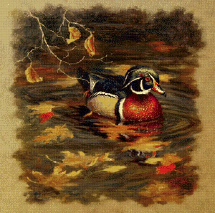 утка на пруду - осень, пруд, вода, птицы, живопись, мандаринка, листья - предпросмотр