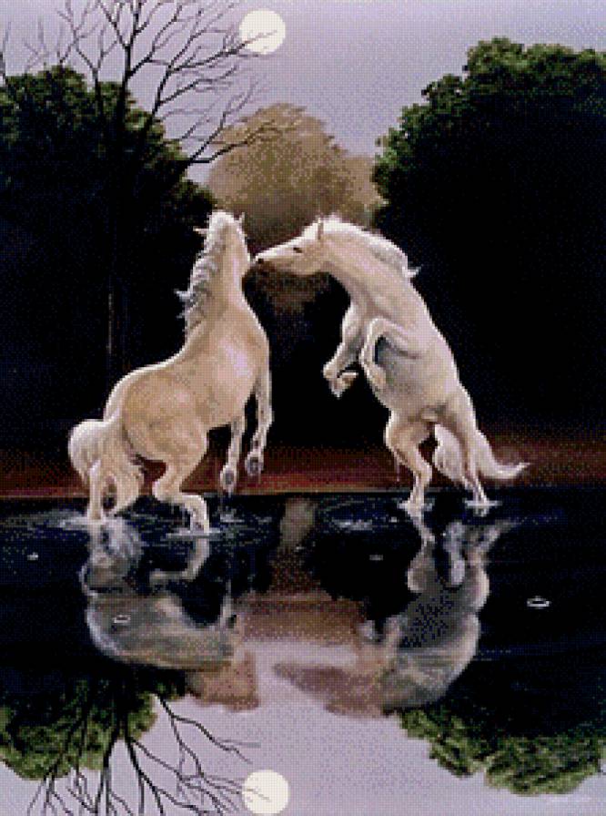 пара - животное, отражение, лошадь, природа, луна, пруд, пара, лес - предпросмотр