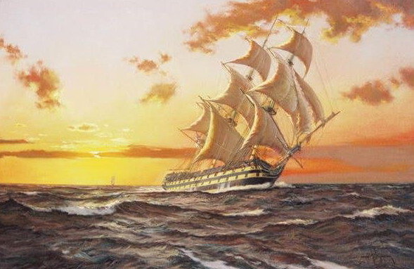 Корабль на закате - море, пейзаж, корабль - оригинал