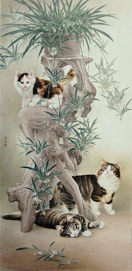 Кошки - китайская живопись, кошка - оригинал