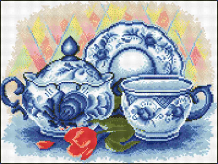 натюрморт роскошь гжели 1 - натюрморт, картина, цветы - предпросмотр