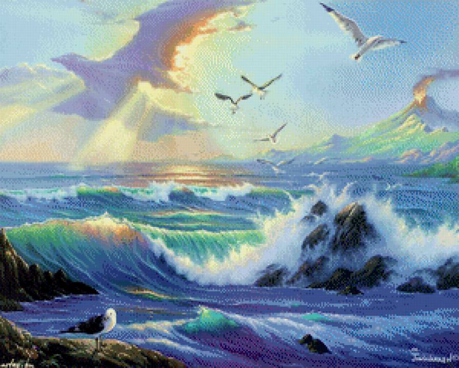 морской прибой - пейзаж, природа, птицы, простор, волны, море - предпросмотр