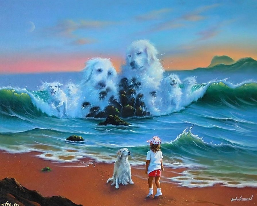 ребенок с собакой у моря - собака, природа, волны, море, пейзаж, ребенок - оригинал