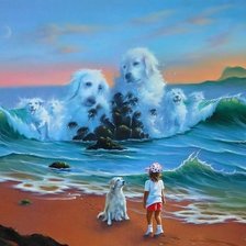 ребенок с собакой у моря