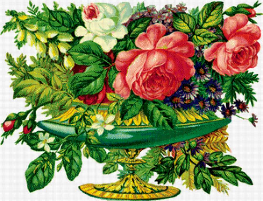 рэтро букет - розы, живопись, цветы, подушка, ваза, роза - предпросмотр