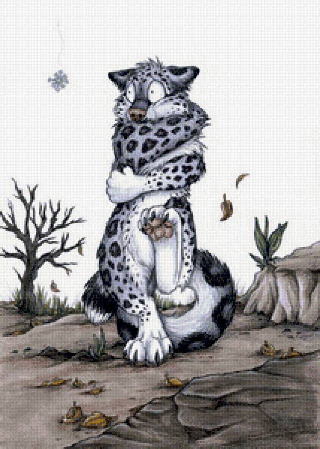 уже зима?! - детское, дерево, живопись, хищник, барс, снежинка, снег - предпросмотр