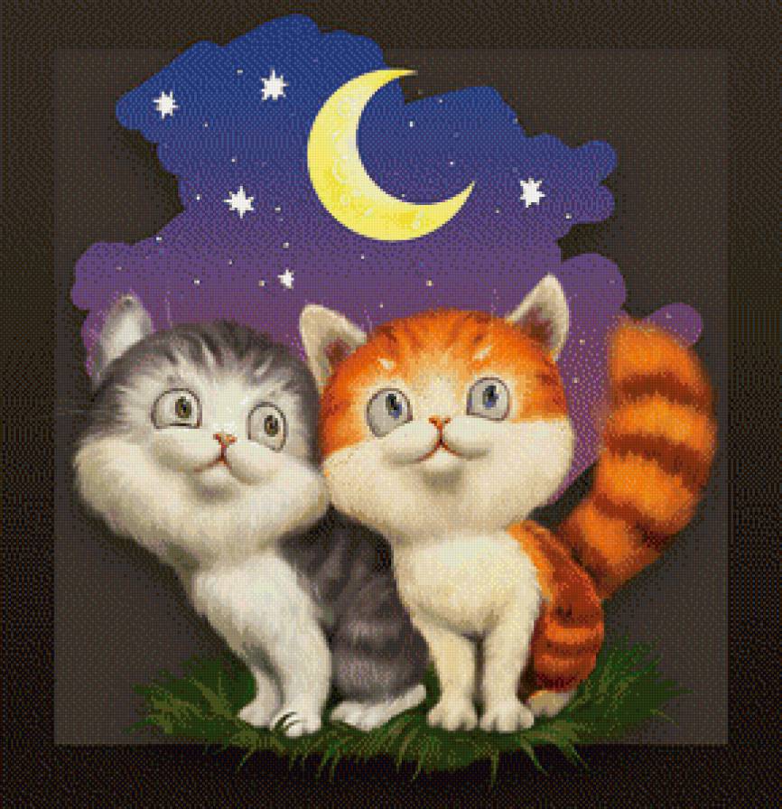 кошачья семья - сказка, пара, луна, любовь, кот, кошка - предпросмотр