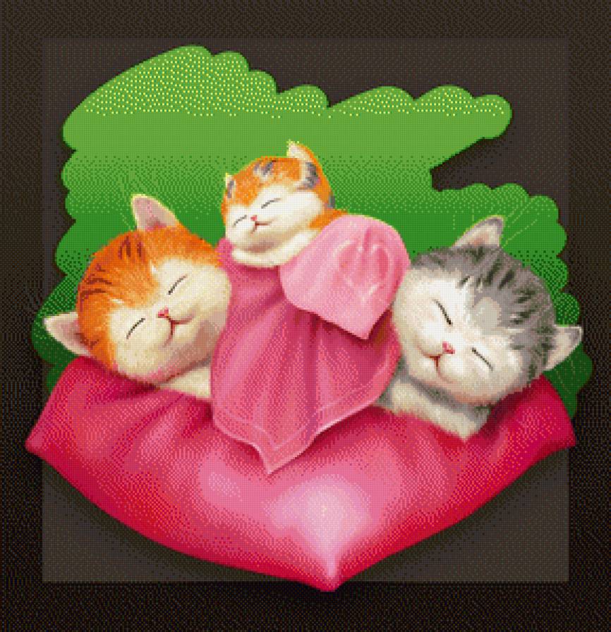 кошачья семья - сон, любовь, кот.кошка, котенок.подушка - предпросмотр