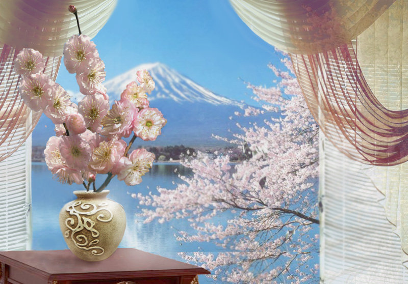 Натюрморт с сакурой - цветы, азия, фудзияма, восток, натюрморт - оригинал