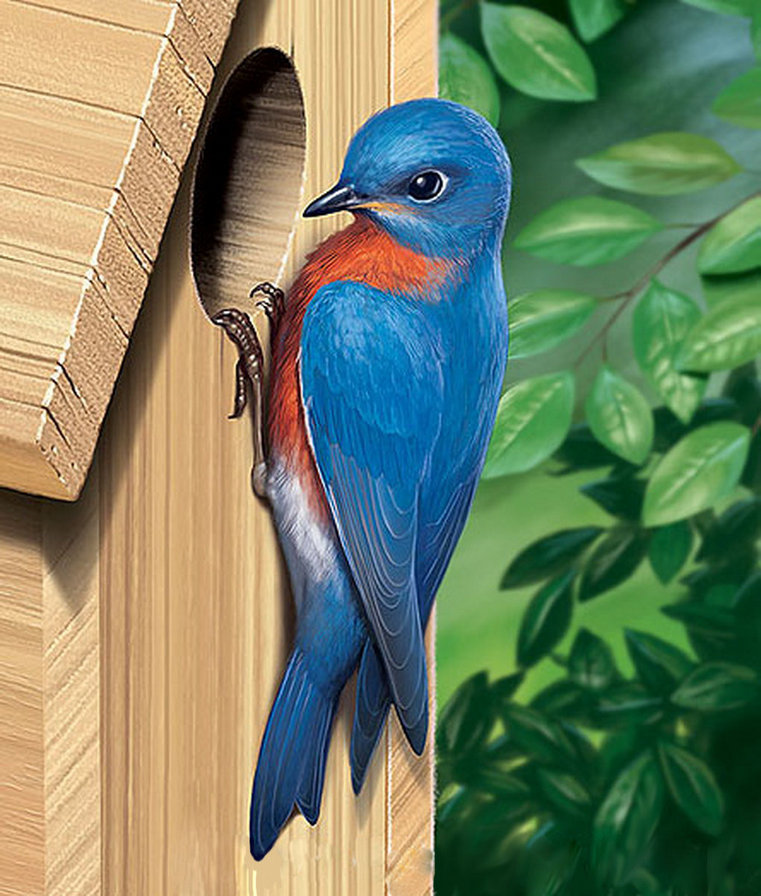 гостья - листья, живопись, скворечник, птицы, дерево, природа - оригинал