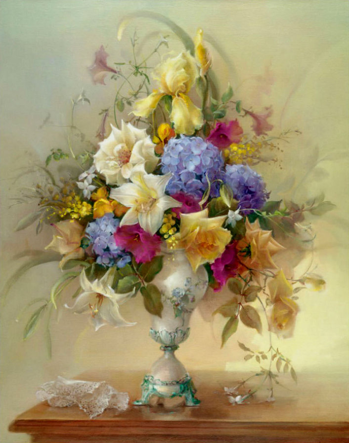 шикарный букет - букет, гортензия, ваза, цветы, ирис, розы, живопись, лилии, картина - оригинал