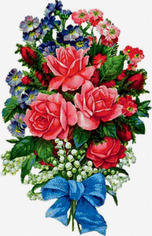 рэтро букет - живопись, ландыши, бант, цветы, розы, роза - предпросмотр