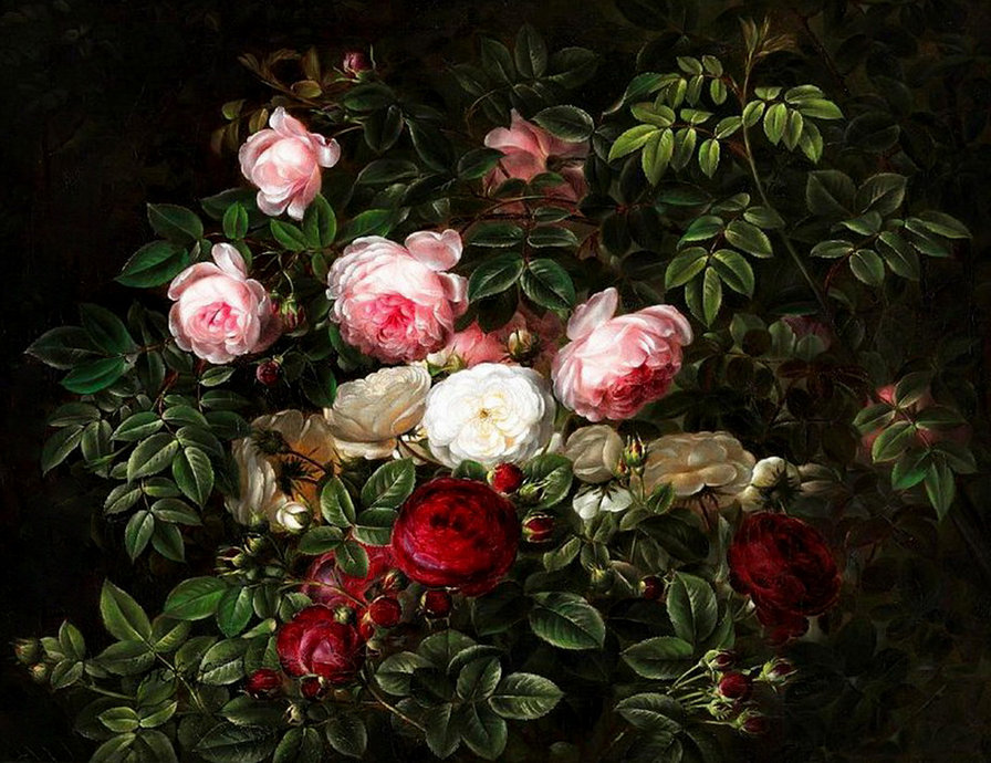 старинная картина - розы, живопись, цветы, роза, куст - оригинал