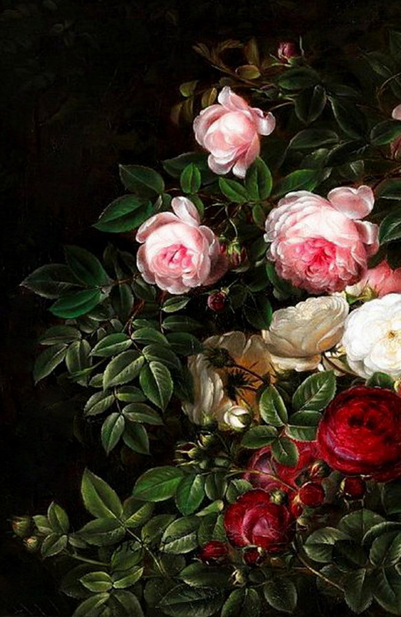 старинная картина часть 1 - цветы, розы, роза, живопись, куст - оригинал