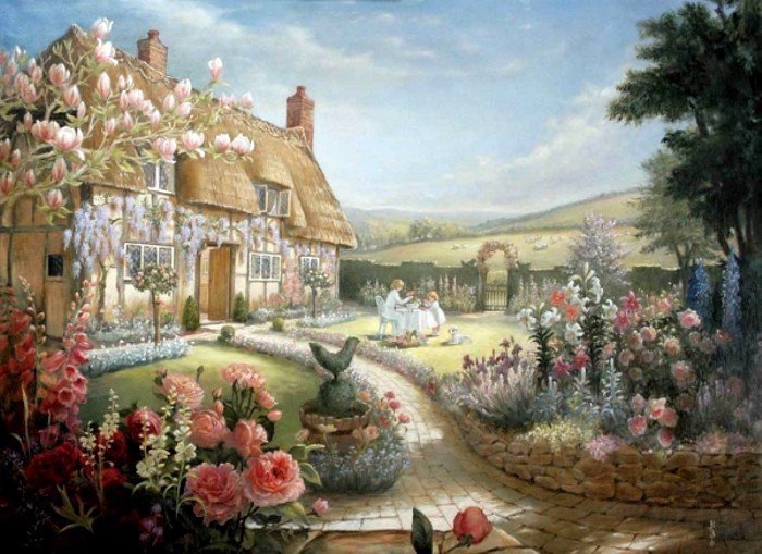 домик мечты - живопись, картина, дорога, природа, цветы - оригинал