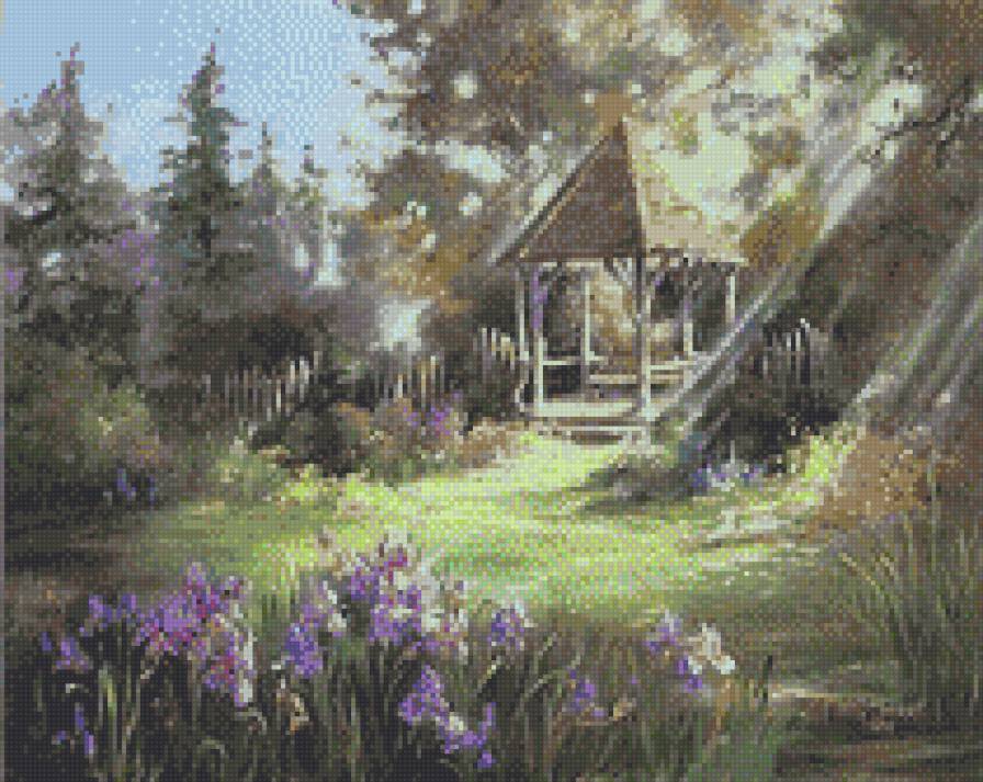 уютный уголок - ирисы, беседка - предпросмотр