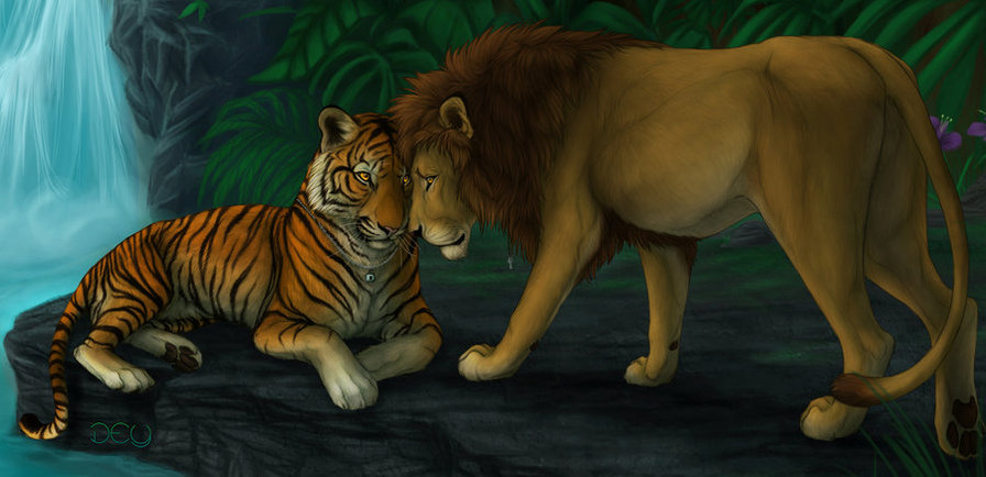 №470233 - животные, природа, лев, вода, кошки, тигр - оригинал