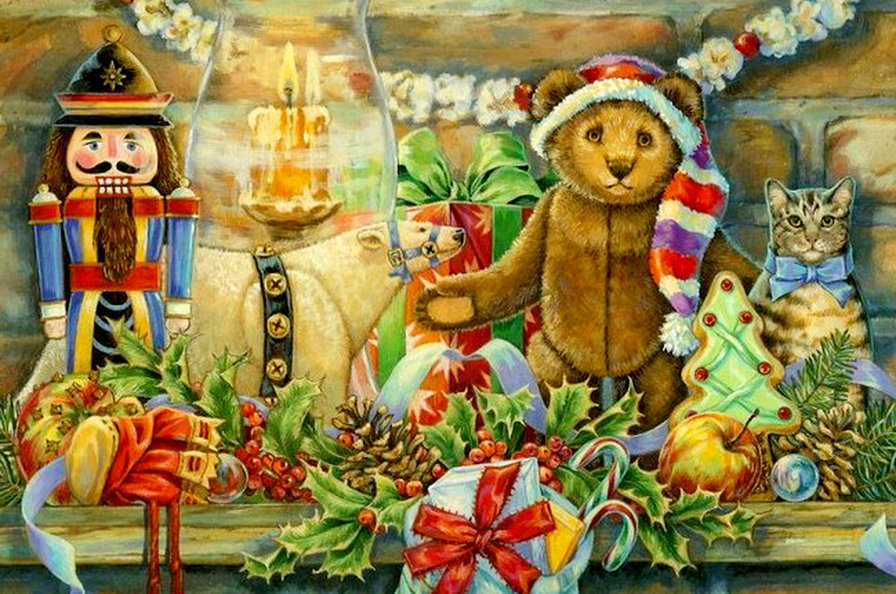 новогодняя - лампа, медведь, свеча, щелкунчик, кот, мишка, елка, подарок, полка - оригинал