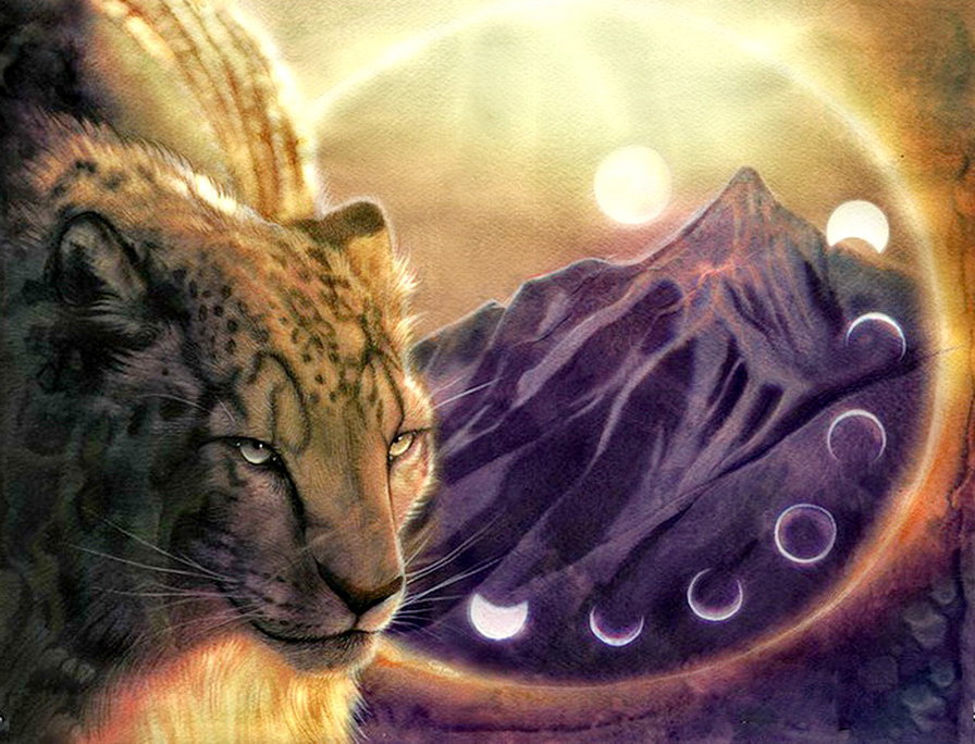 затмение - солнце, луна, фэнтези, барс, горы, хищник, живопись - оригинал
