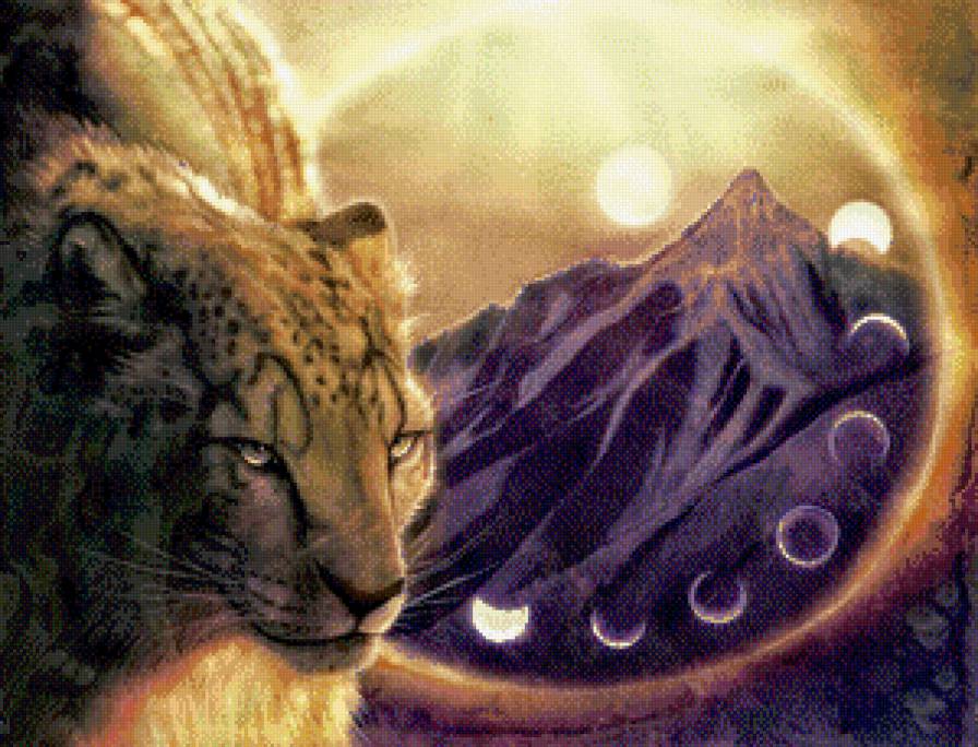 затмение - горы, солнце, хищник, барс, луна, живопись, фэнтези - предпросмотр