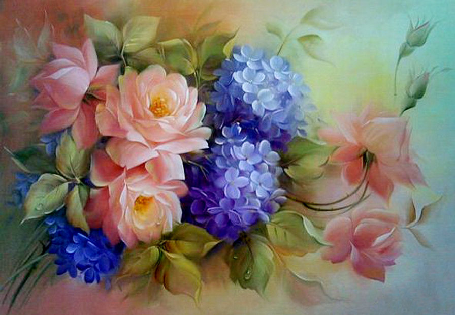 картина - живопись, розы, цветы, гортензия, букет, роза, акварель - оригинал