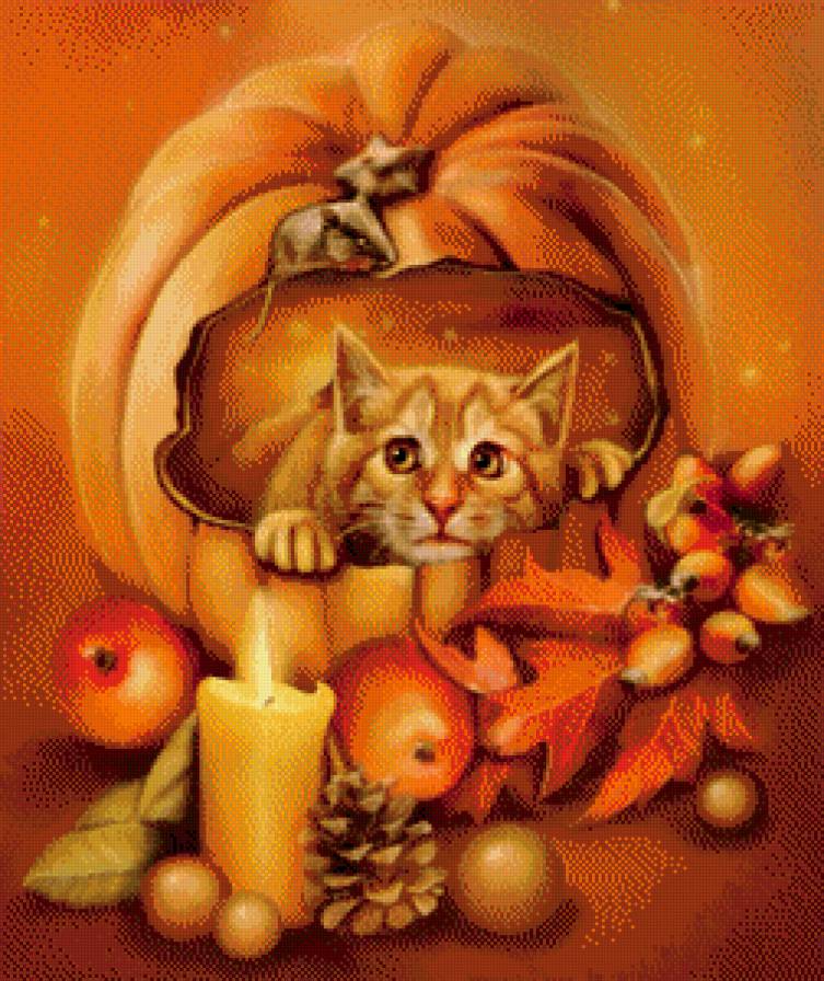 Хеллоуин - это страшно! - листья, яблоко, свеча, кот, мышь, тыква, праздник, шишка - предпросмотр